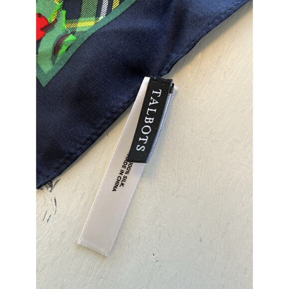 Talbots 100% Silk Scarf Christmas Holly & Tartan Plaid Green Navy 34” Square - Picture 5 of 12